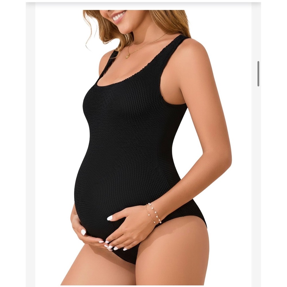 Summer Mae Maternity One Piece Swimsuit Black Crinkle Lycra One Size Fits S-XL